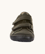 A front view of the Froddo Barefoot Black Alex Kids Leather School Shoes. A black leather child's school shoe with two velcro strap fastenings with a barefoot sole. We have a range of children's barefoot shoes available at Babipur. 