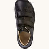 A view from, above of the Froddo Barefoot Black Alex Kids Leather School Shoes. A black leather child's school shoe with two velcro strap fastenings with a barefoot sole. We have a range of children's barefoot shoes available at Babipur. 