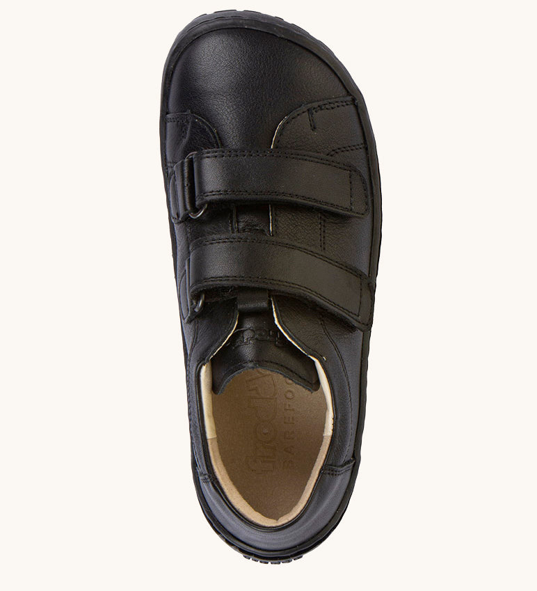 A view from, above of the Froddo Barefoot Black Alex Kids Leather School Shoes. A black leather child's school shoe with two velcro strap fastenings with a barefoot sole. We have a range of children's barefoot shoes available at Babipur. 