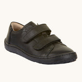 Froddo Barefoot Black Alex Kids Leather School Shoes. A black leather child's school shoe with two velcro strap fastenings with a barefoot sole. We have a range of children's barefoot shoes available at Babipur. 