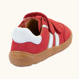 View of back of the Froddo barefoot f-motion kids shoes in red with white stripe design on the side has 2 velcro fasteners and a flexible rubber sole.