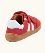 View of back of the Froddo barefoot f-motion kids shoes in red with white stripe design on the side has 2 velcro fasteners and a flexible rubber sole.