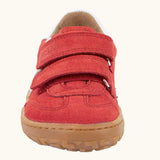 Front vie of the Froddo barefoot f-motion kids shoes in red with white stripe design on the side has 2 velcro fasteners and a flexible rubber sole.