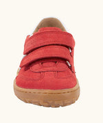 Front vie of the Froddo barefoot f-motion kids shoes in red with white stripe design on the side has 2 velcro fasteners and a flexible rubber sole.