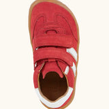Birds eye view of Froddo barefoot f-motion kids shoes in red with white stripe design on the side has 2 velcro fasteners and a flexible rubber sole.