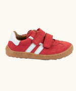 Froddo barefoot f-motion kids shoes in red with white stripe design on the side has 2 velcro fasteners and a flexible rubber sole.