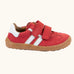 Froddo barefoot f-motion kids shoes in red with white stripe design on the side has 2 velcro fasteners and a flexible rubber sole.