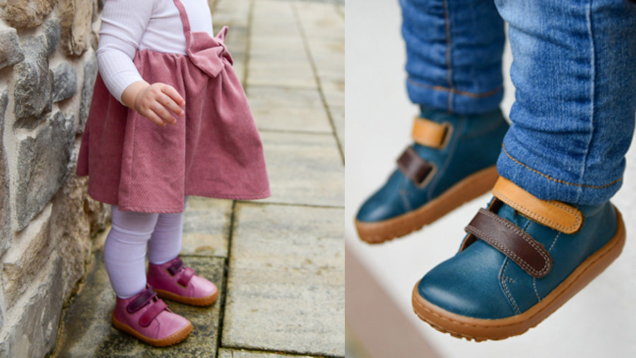 Side by side images of a little toddler girl wearing a pair of Froddo barefoot first walker shoes, and a closeup of the same shoes in blue