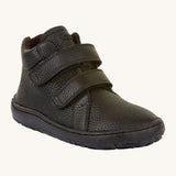 Froddo barefoot Autumn children's shoe in black. A natural leather shoe with a 2 velcro fastener on the front for a secure fit, padded ankle and a matching black grippy sole.