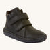 Froddo barefoot Autumn children's shoe in black. A natural leather shoe with a 2 velcro fastener on the front for a secure fit, padded ankle and a matching black grippy sole.