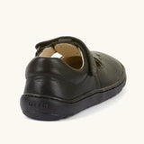 Back of Froddo barefoot kids ballerina school shoe in black showing padded ankle support