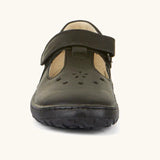 Front of Froddo barefoot kids ballerina school shoe in black showing front t-bar velcro strap fastener 