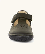 Front of Froddo barefoot kids ballerina school shoe in black showing front t-bar velcro strap fastener 