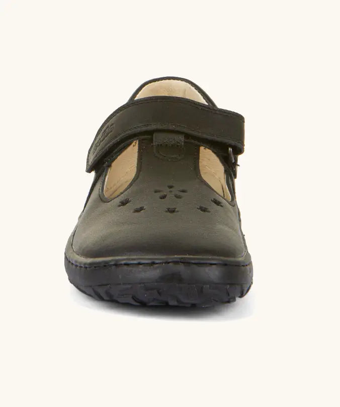 Front of Froddo barefoot kids ballerina school shoe in black showing front t-bar velcro strap fastener 
