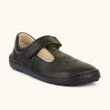 Froddo barefoot kids ballerina school shoe in black with front t bar velcro strap and cut out decorations
