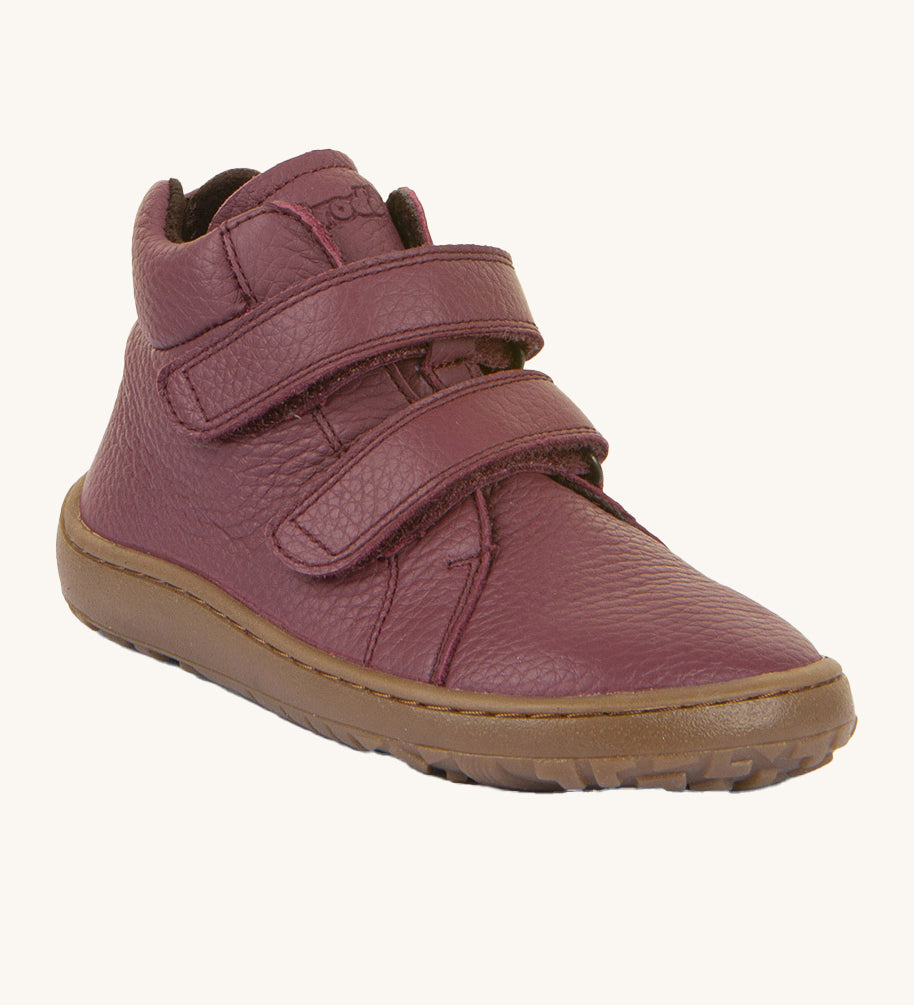 Froddo barefoot Autumn children's shoe in bordeaux. A dark purple natural leather shoe with a 2 velcro fastener for a secure fit, padded ankle and a dark brown grippy sole