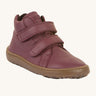 Froddo barefoot Autumn children's shoe in bordeaux. A dark purple natural leather shoe with a 2 velcro fastener for a secure fit, padded ankle and a dark brown grippy sole