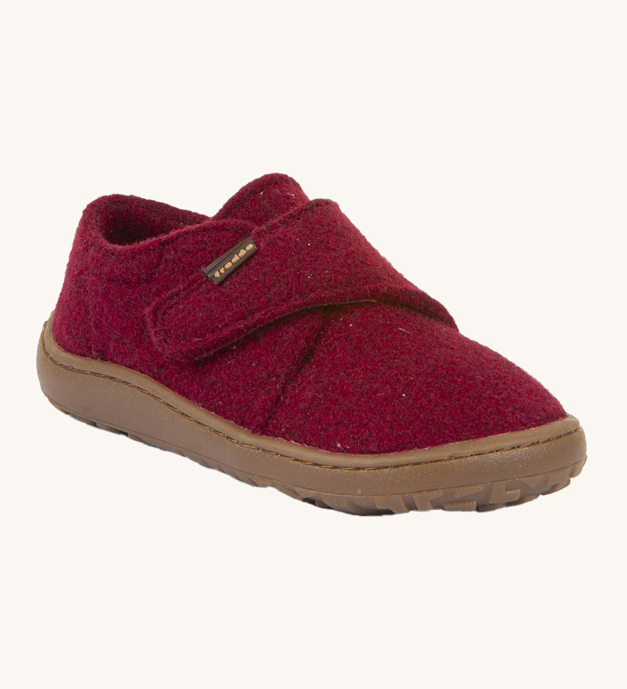 Froddo barefoot wooly children's shoe in Bordeaux. A dark red natural wooly shoe with a velcro fastener for a secure fit and a dark brown grippy sole