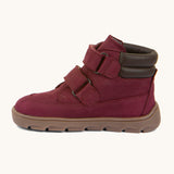 A side image of the Froddo barefoot Zuru tex children's shoe in Bordeau showing the 2 velcro fastener, padded ankle and the dark brown grippy sole