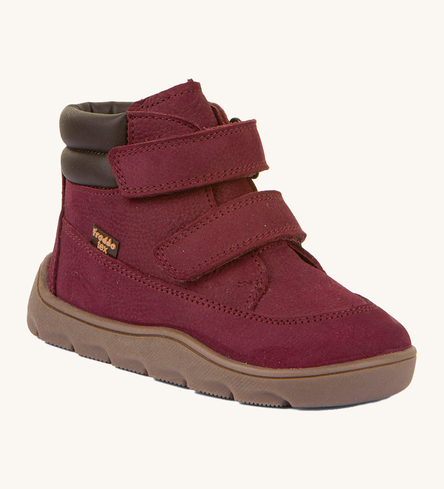 Froddo barefoot Zuru tex children's shoe in Bordeaux. A dark purple natural leather shoe with a 2 velcro fastener for a secure fit, padded ankle and a dark brown grippy sole
