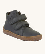 Froddo barefoot Autumn children's shoe in dark blue. A natural leather shoe with a 2 velcro fastener for a secure fit, padded ankle and a dark brown grippy sole