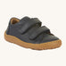 Froddo barefoot base children's shoe in dark blue. A natural leather low profile shoe with a 2 velcro fastener for a secure fit and a grippy sole