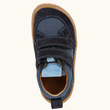 Top view of Froddo barefoot base children's shoe in dark blue showing the velcro strap fasteners and insole detail
