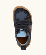 Top view of Froddo barefoot base children's shoe in dark blue showing the velcro strap fasteners and insole detail