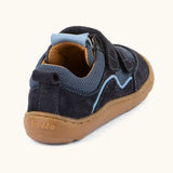 Froddo barefoot base children's shoe in dark blue. A trainer showing a pull tab on the back and padded ankle support