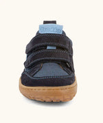 Front of  Froddo barefoot base children's shoe in dark blue showing the 2 velcro fasteners and the grey rubber sole