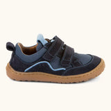 Froddo barefoot base children's shoe in dark blue with a contrast stripe. A trainer showing 2 velcro fasteners and rubber sole