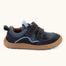 Froddo barefoot base children's shoe in dark blue with a contrast stripe. A trainer showing 2 velcro fasteners and rubber sole