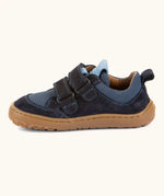 Side of Froddo barefoot base children's shoe in dark blue showing the 2 velcro fasteners looped through the eyelets