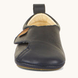 The front of the Froddo barefoot walker baby shoe in dark blue available at Babipur showing the velcro strap fastener.