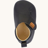 A top down image of the Froddo barefoot walker baby shoe in dark blue available at Babipur showing the velcro strap fastener and inner sole detail