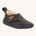 Froddo barefoot walker baby shoe in dark blue. A natural leather shoe with a pull tab on the back for easy fitting, a velcro fastener and a grippy sole
