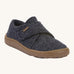 Froddo barefoot wooly children's shoe in dark blue. A natural wooly shoe with a velcro fastener for a secure fit and a dark brown grippy sole