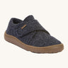 Froddo barefoot wooly children's shoe in dark blue. A natural wooly shoe with a velcro fastener for a secure fit and a dark brown grippy sole