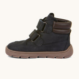 A side image of the Froddo barefoot Zuru tex children's shoe in dark blue available at Babipur showing the 2 velcro fasteners, padded ankle support and the dark brown grippy sole detail
