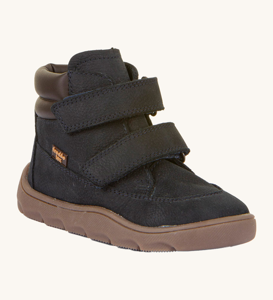 Froddo barefoot Zuru tex children's shoe in dark blue. A natural leather shoe with a 2 velcro fastener for a secure fit and a dark brown grippy sole