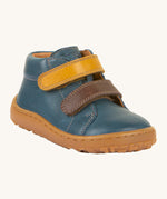 Froddo barefoot first step baby shoe in dark denim. A dark blue natural leather shoe with a 2 velcro fastener in dark yellow and brown for a secure fit. Features a light brown grippy sole