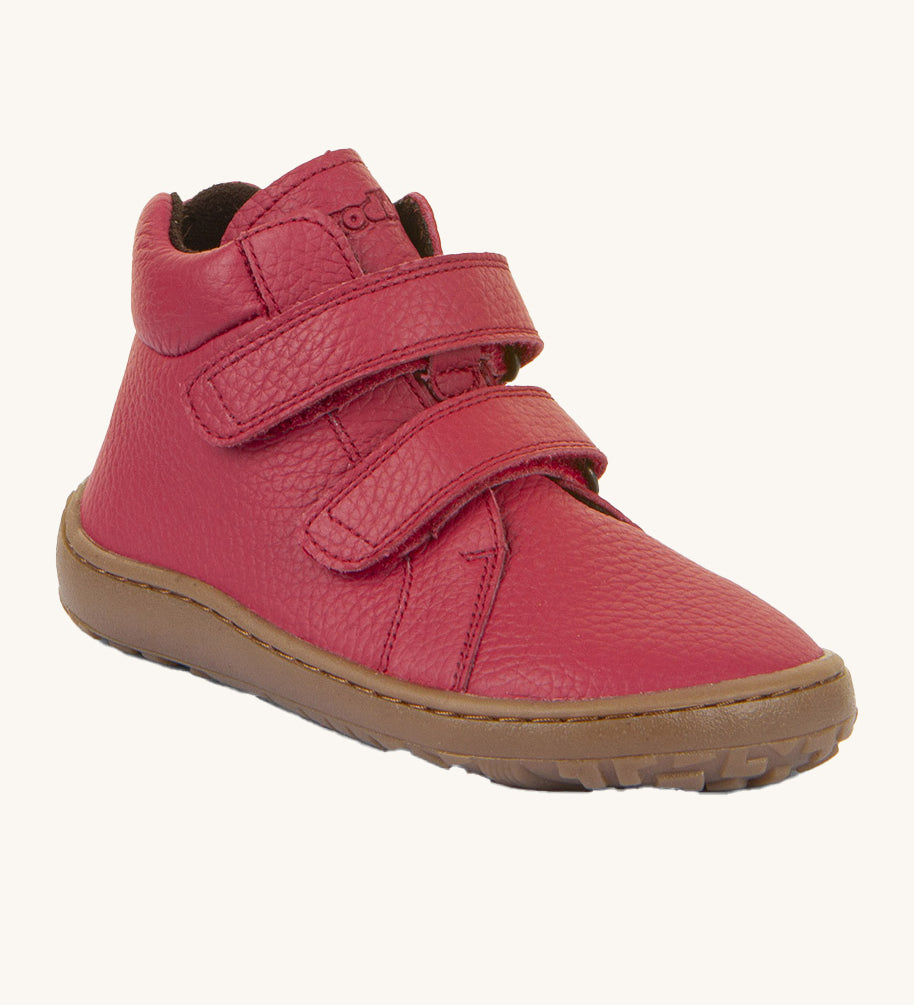 Froddo barefoot Autumn children's shoe in dark red. A natural leather shoe with a 2 velcro fastener for a secure fit, padded ankle and a dark brown grippy sole