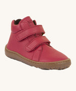 Froddo barefoot Autumn children's shoe in dark red. A natural leather shoe with a 2 velcro fastener for a secure fit, padded ankle and a dark brown grippy sole