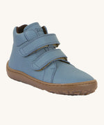 Froddo barefoot Autumn children's shoe in jeans. A light blue natural leather shoe with a 2 velcro fastener for a secure fit, padded ankle and a dark brown grippy sole