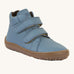 Froddo barefoot Autumn children's shoe in jeans. A light blue natural leather shoe with a 2 velcro fastener for a secure fit, padded ankle and a dark brown grippy sole