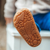 Tread detail on the brown natural rubber flexible sole for Froddo kids barefoot shoes