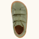 Top view of Froddo barefoot base children's shoe in green showing the velcro strap fastener and insole detail
