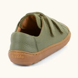 Back of the Froddo barefoot base children's shoe in green showing the padded ankle support and brown grippy sole