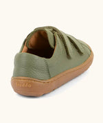 Back of the Froddo barefoot base children's shoe in green showing the padded ankle support and brown grippy sole