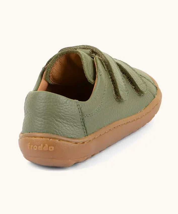 Back of the Froddo barefoot base children's shoe in green showing the padded ankle support and brown grippy sole